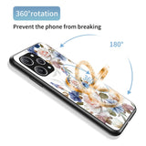 Xiaomi Redmi 12 (4G) Plast Skal w. Glas Baksida & Fingerring - Blommönster - Rosa