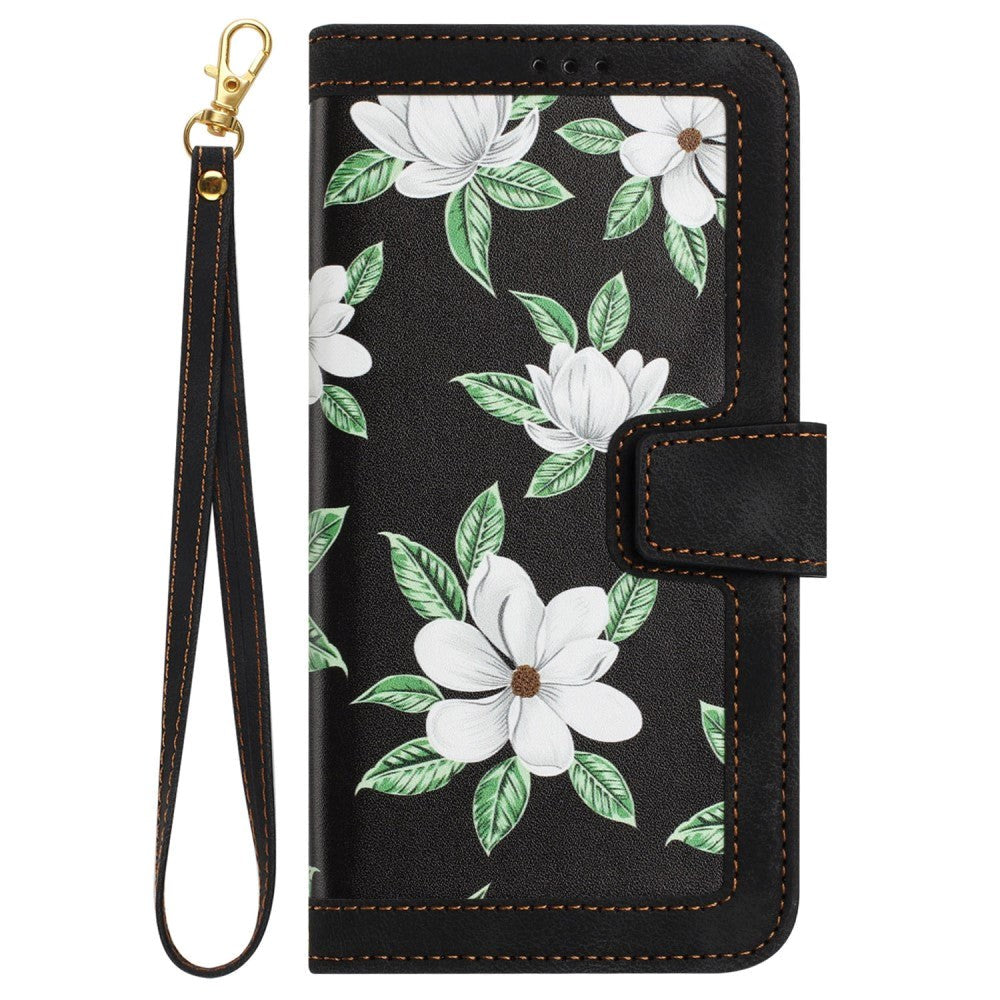 iPhone 15 Plus Leather Flip Fodral med Plånbok och Rem - Svart med Blommor