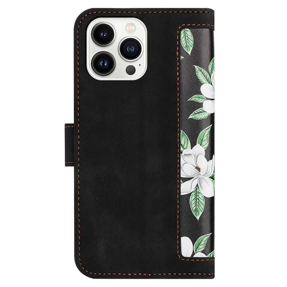 iPhone 15 Plus Leather Flip Fodral med Plånbok och Rem - Svart med Blommor