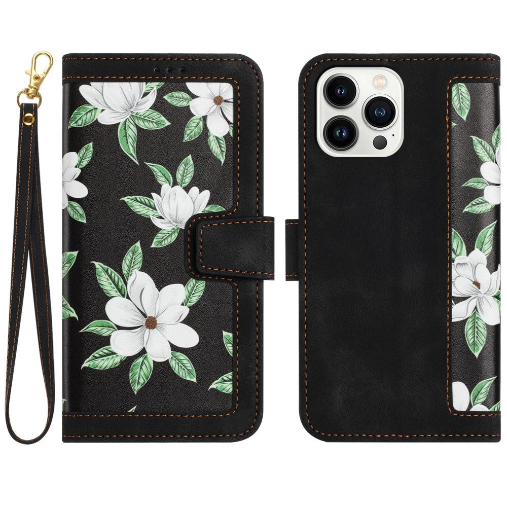 iPhone 15 Pro Max Leather Flip Fodral med Plånbok och Rem - Svart med Blommor