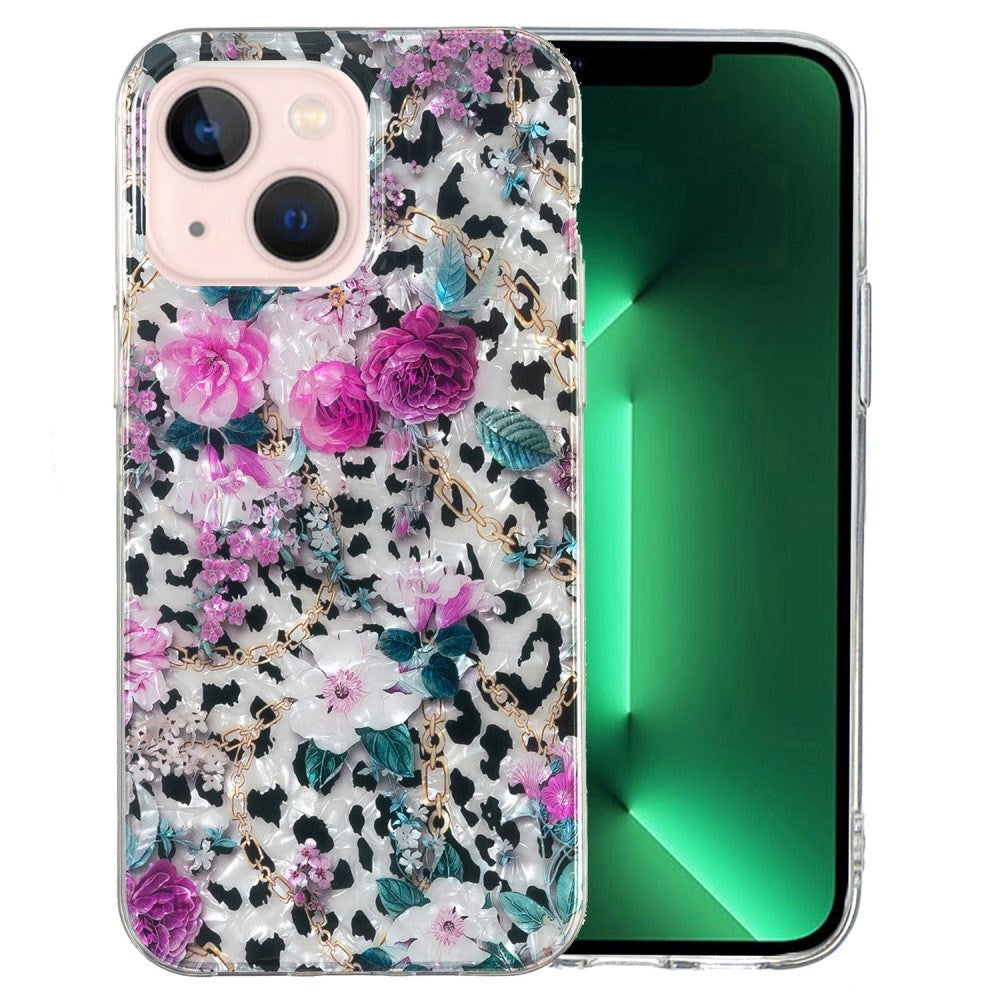 iPhone 15 Flexibelt Plastskal - Leopard och Blommönster