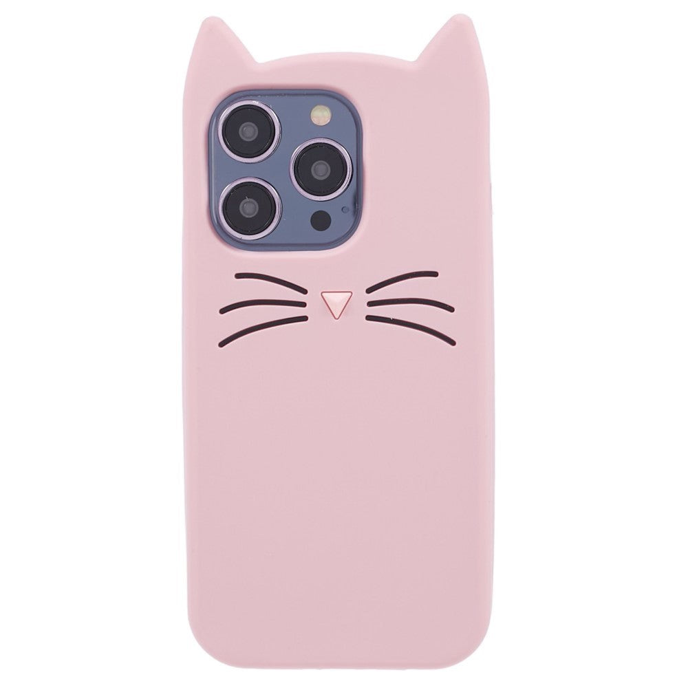 iPhone 14 Pro Silikon Skal m. 3D Katt - Rosa