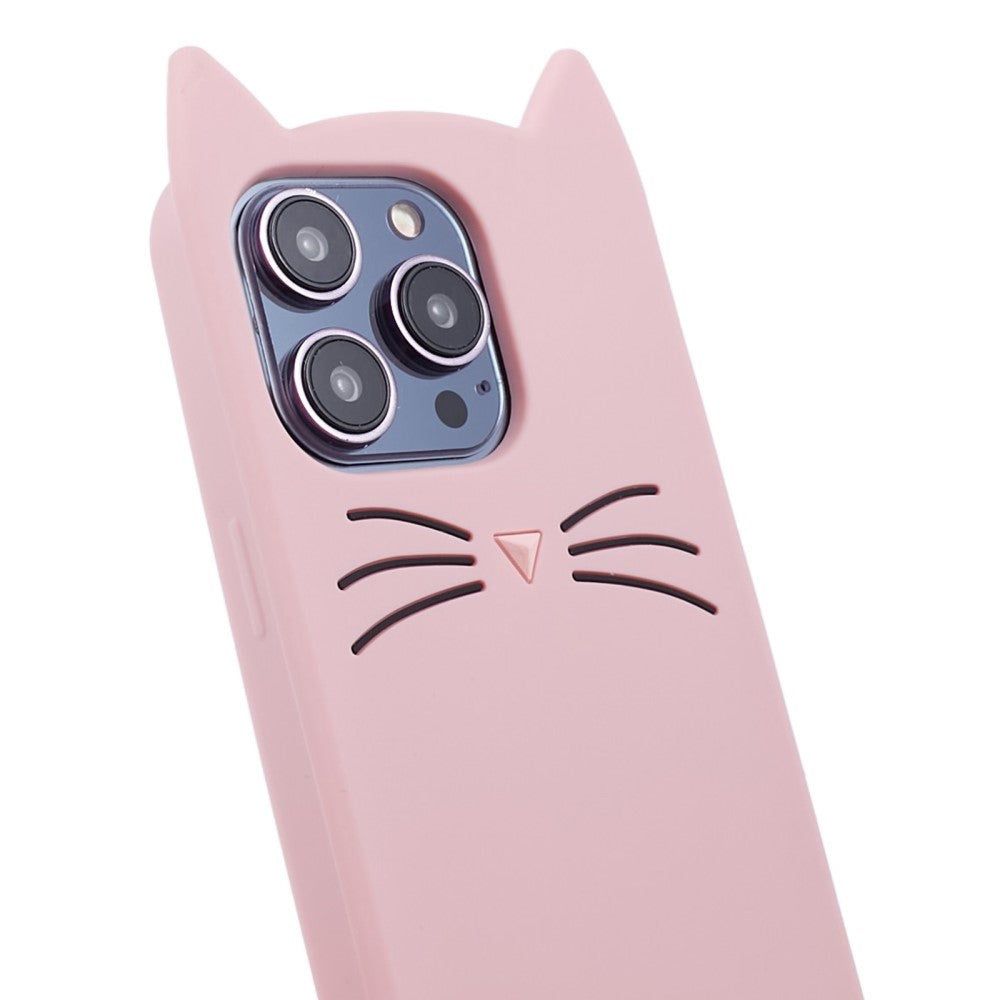 iPhone 14 Pro Silikon Skal m. 3D Katt - Rosa