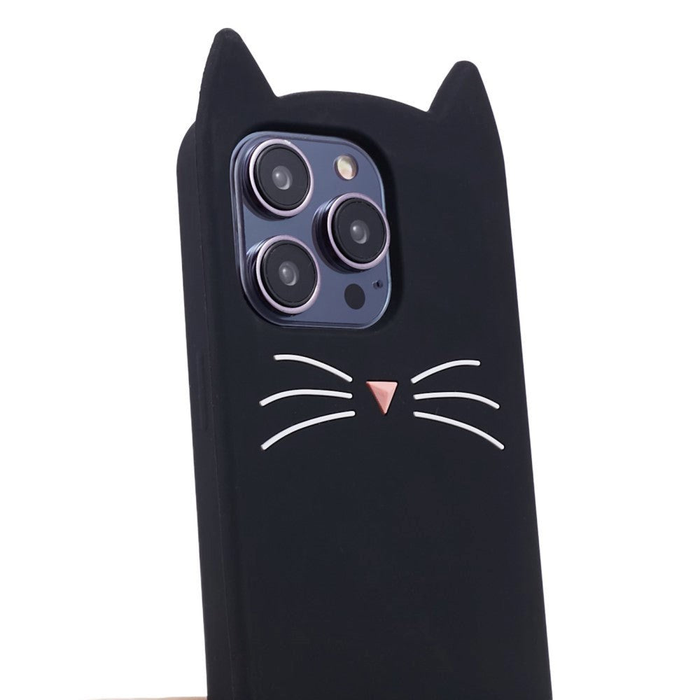 iPhone 13 Pro Max Silikon Skal m. 3D Katt - Svart