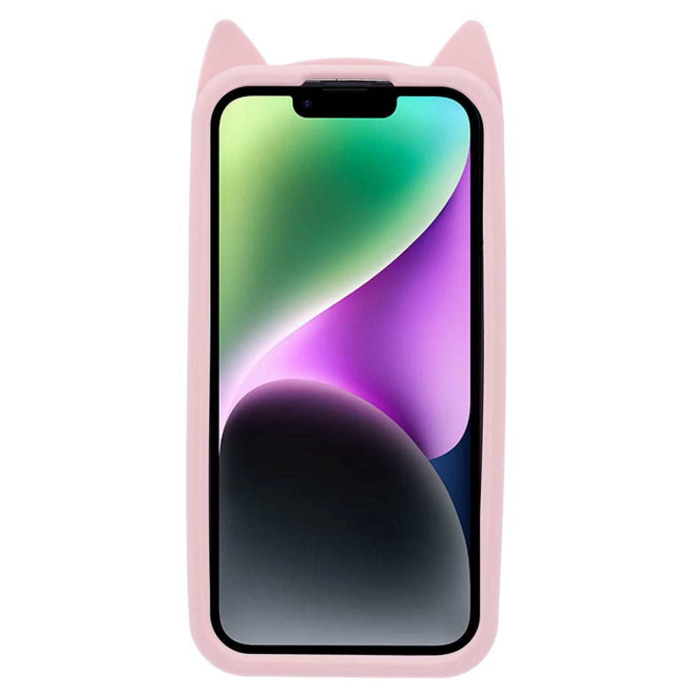 iPhone 14 Silikon Skal m. 3D Katt - Rosa