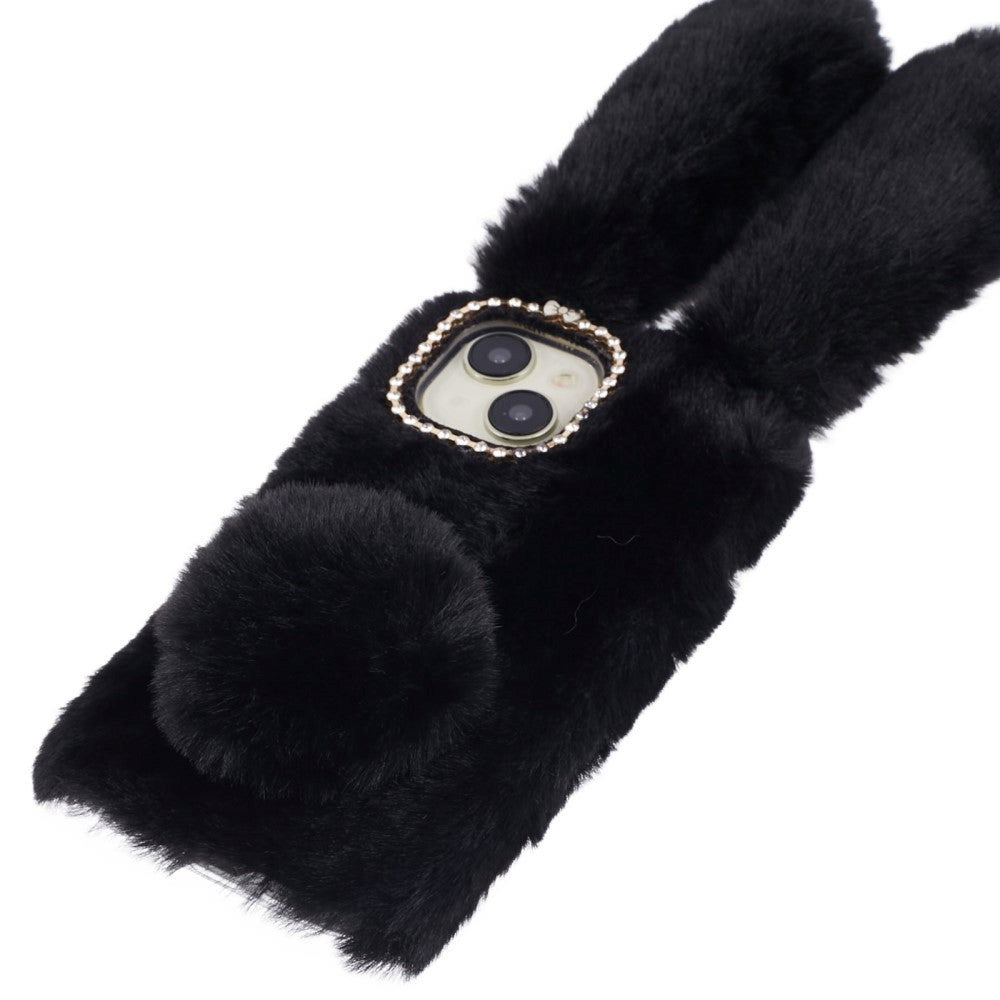 iPhone 15 Flexibelt Plast Skal med Päls - Kaninöron - Svart