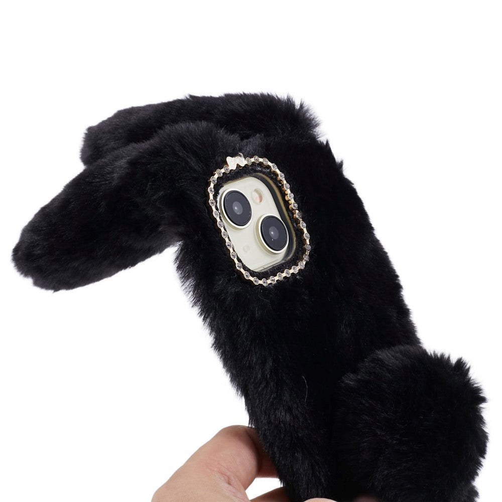 iPhone 15 Flexibelt Plast Skal med Päls - Kaninöron - Svart