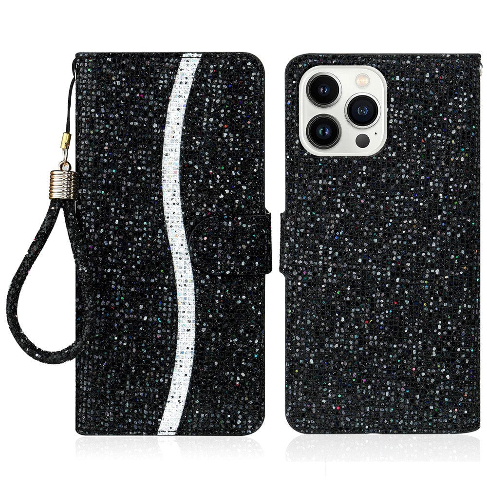 iPhone 15 Pro Plånboksfodral med Rem - Svart Glitter