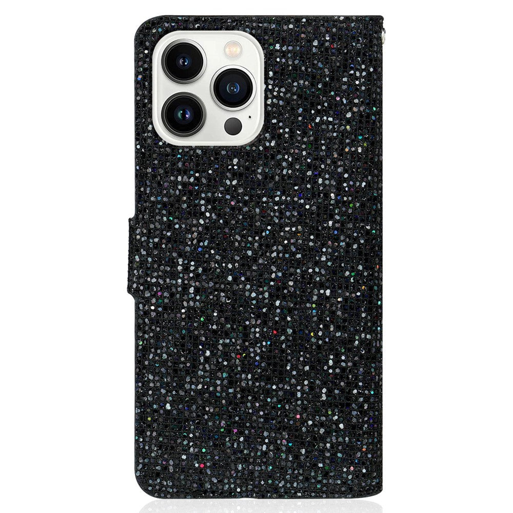 iPhone 15 Pro Plånboksfodral med Rem - Svart Glitter