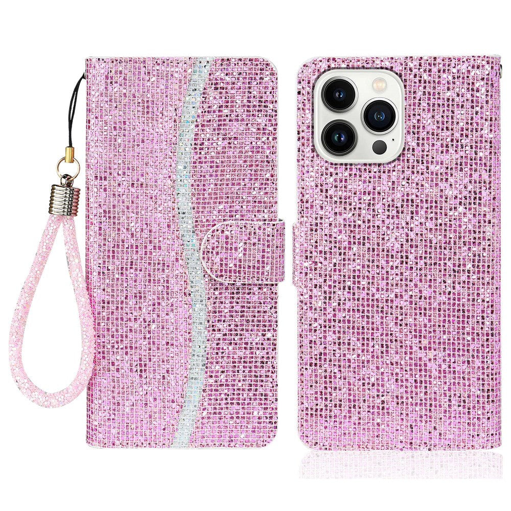 iPhone 15 Pro Plånboksfodral med Rem - Rosa Glitter