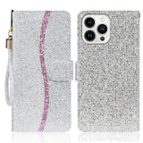 iPhone 15 Pro Plånboksfodral med Rem - Silver Glitter