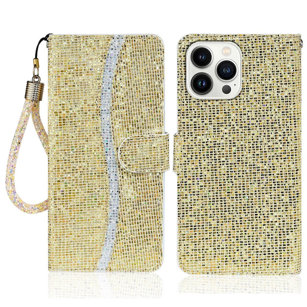 iPhone 15 Pro Plånboksfodral med Rem - Guld Glitter