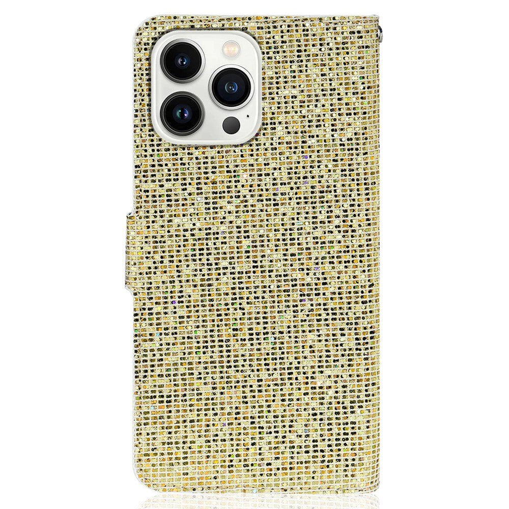 iPhone 15 Pro Plånboksfodral med Rem - Guld Glitter