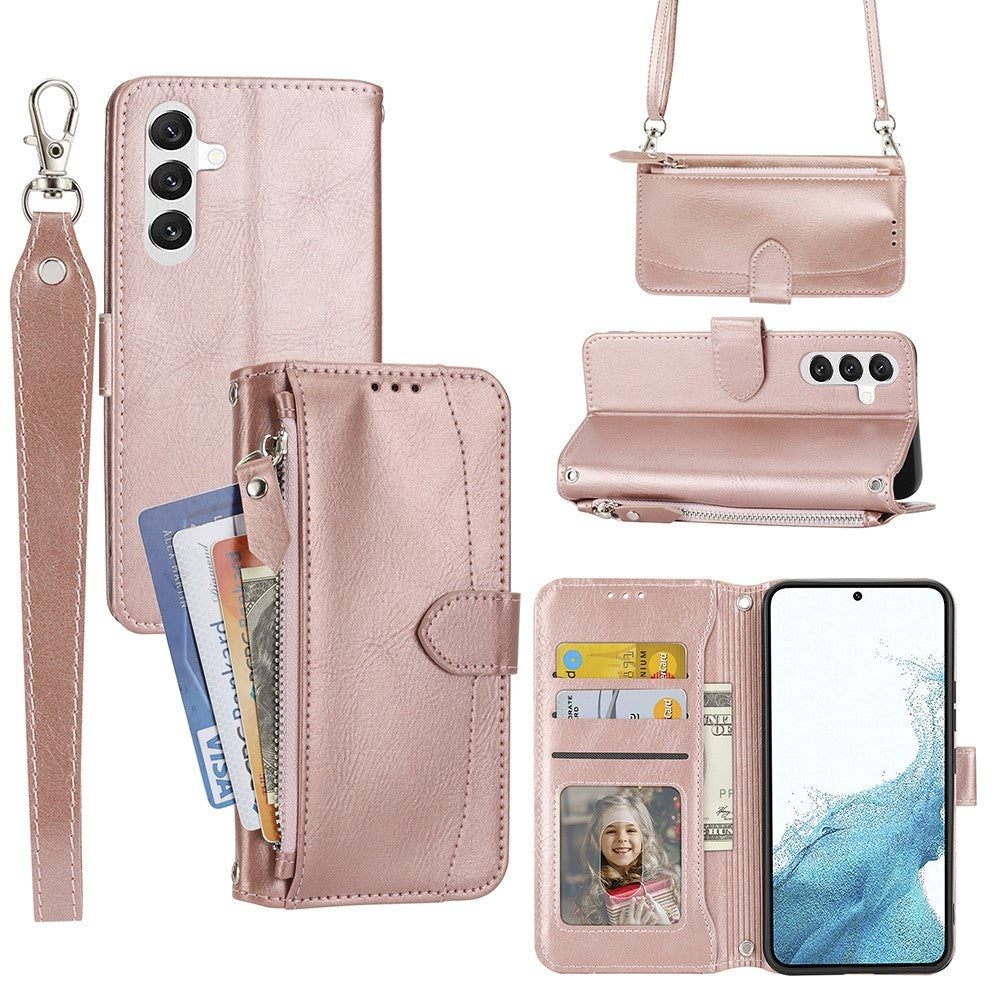 Samsung Galaxy A25 (5G) Läderflip Fodral m. Zip Pocket & Strap - Rose Gold