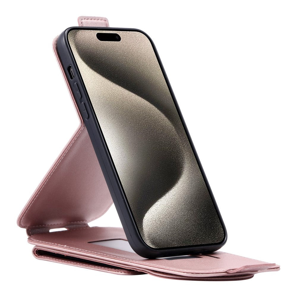 iPhone 15 Pro Max Vertikalt konstläder Plånboksfodral med Stativ Funktion / Rem - Rose Gold