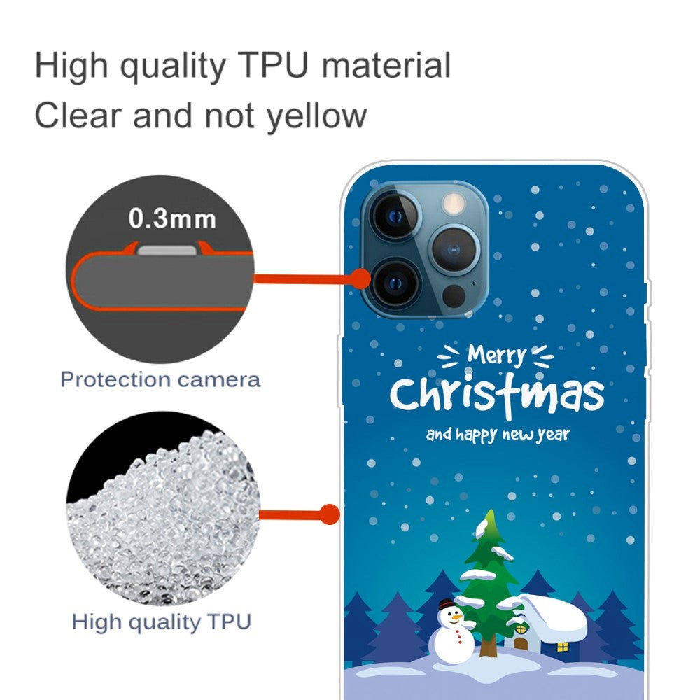 iPhone 15 Pro Flexibel Plast Jule Skal - Merry Christmas - Snögubbe och Julgran