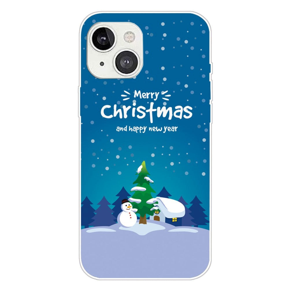 iPhone 15 Flexibel Plast Jule Skal - Merry Christmas - Snögubbe och Julgran