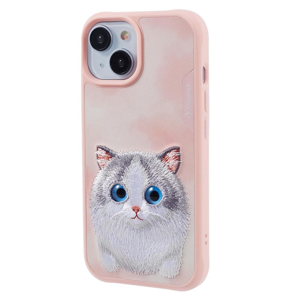 iPhone 15 Hybrid Skal med Djurmotiv & Broderi - Grå Katt