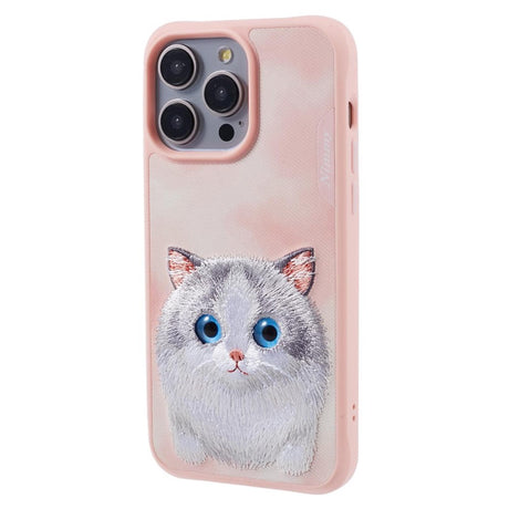 iPhone 15 Pro Hybrid Skal med Djurmotiv & Broderi - Grå Katt