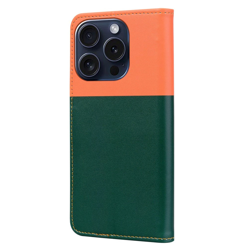 iPhone 15 Pro Plånboksfodral med Rem / Ståfunktion / Korthållare - Orange / Grön (Katter)