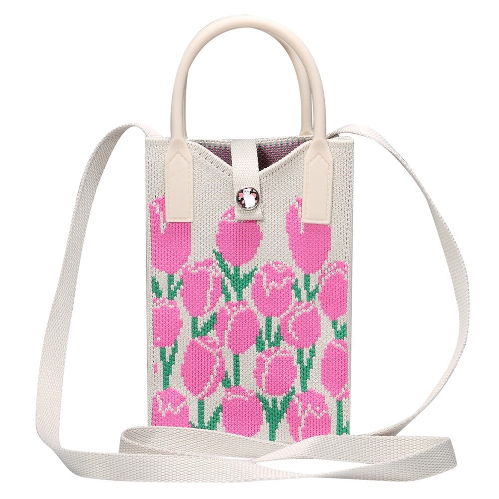 Stickad Crossbody-axelväska med Handrem (180 x 120 mm) - Rosa Blommor