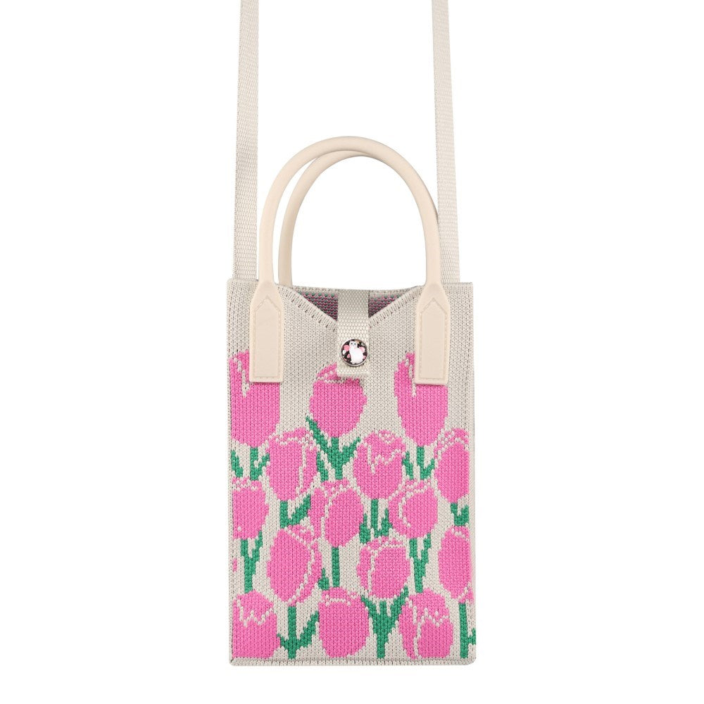 Stickad Crossbody-axelväska med Handrem (180 x 120 mm) - Rosa Blommor