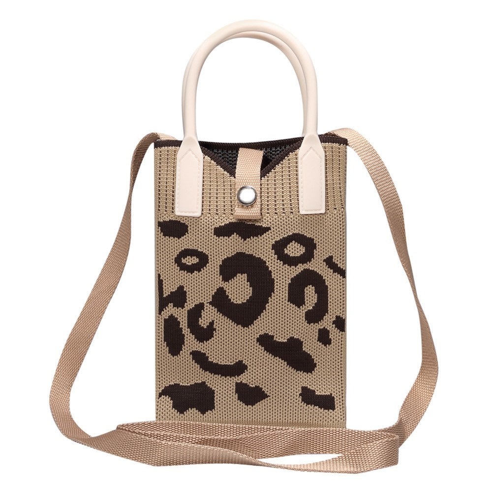 Stickad Crossbody-axelväska med Handrem (180 x 120 mm) - Brun / Leopard