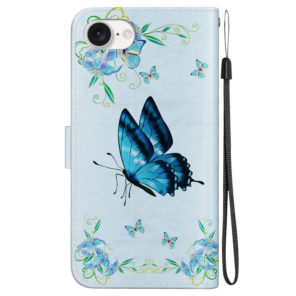 EIDERWOOD iPhone 17e / 16e Konstläder Plånboksfodral med Rem - Blå Fjäril