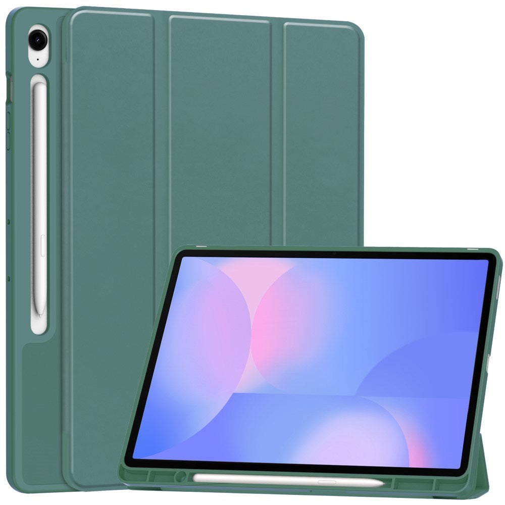 EIDERWOOD Samsung Galaxy Tab S10 FE+ (Plus) Tri-Fold Konstläder Fodral med Stylus Pen Hållare - Mörkgrön