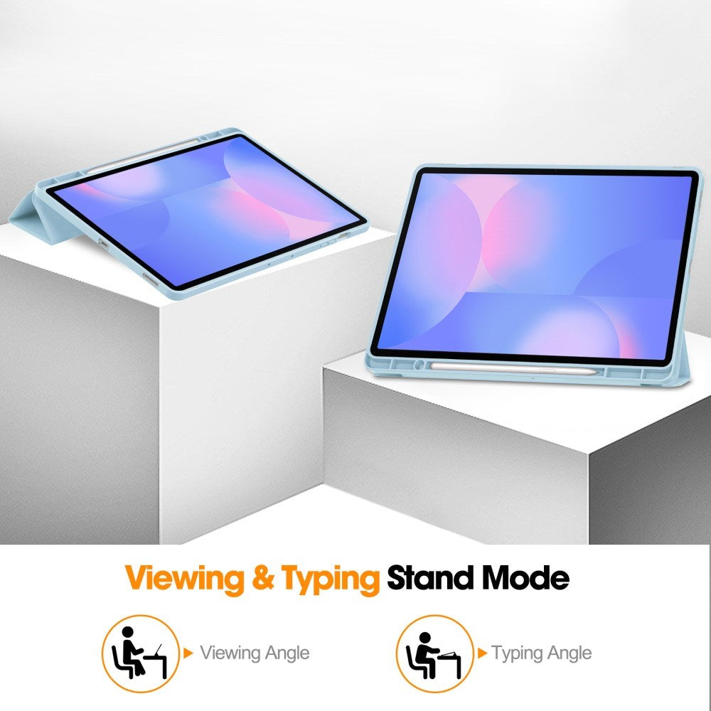 EIDERWOOD Samsung Galaxy Tab S10 FE+ (Plus) Tri-Fold Konstläder Fodral med Stylus Pen Hållare - Ljusblå