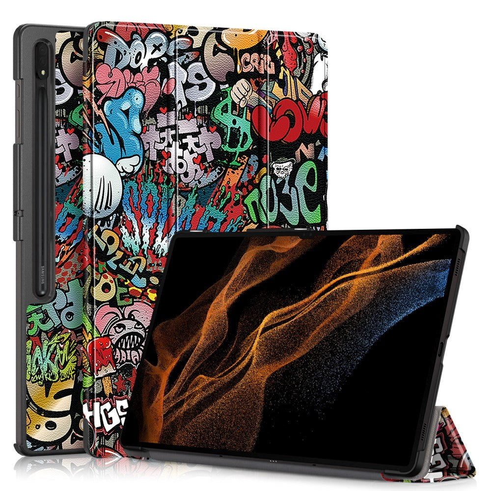 Samsung Tab S9 Ultra Tri-Fold Konstläder Fodral med Stativfunktion - Graffiti