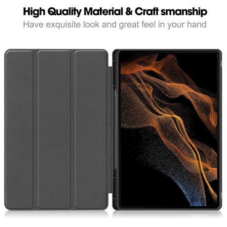 Samsung Galaxy Tab S9 Ultra Tri-Fold Läder Flip Cover med Ställfunktion & Pencil Holder - Svart