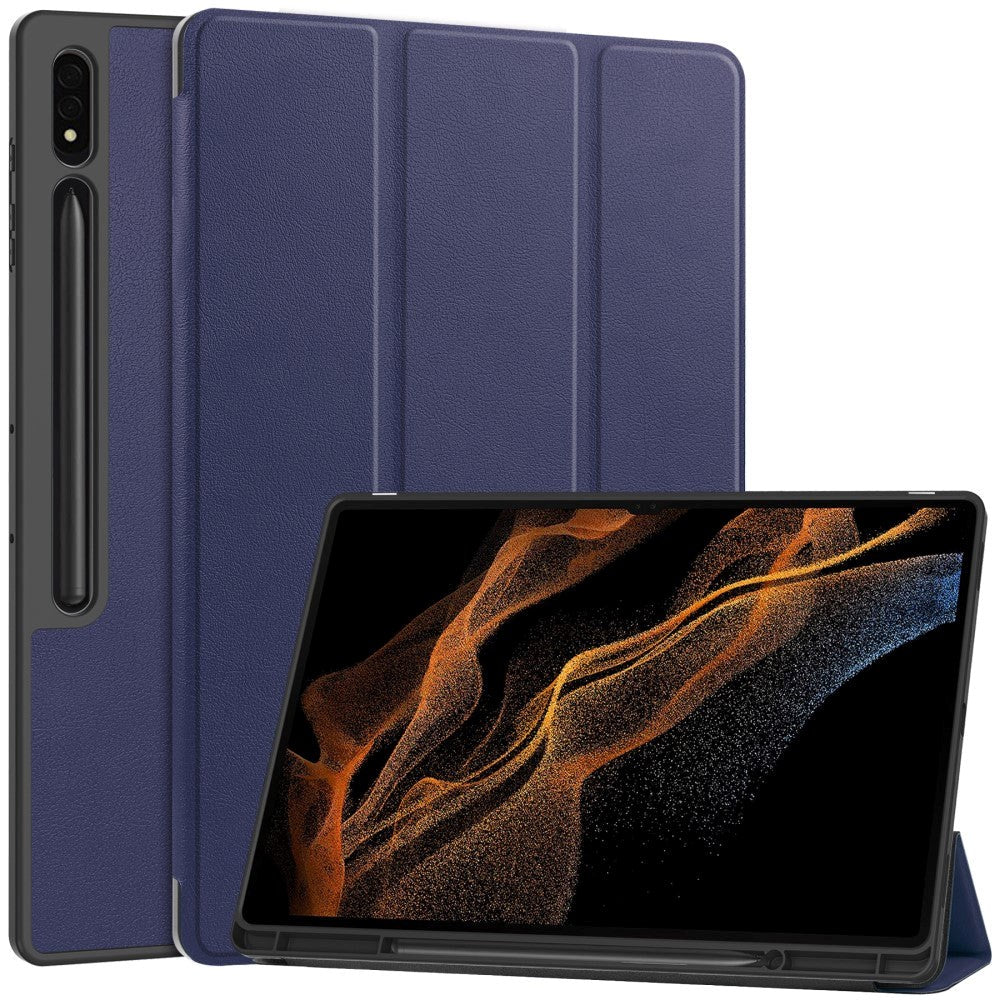 Samsung Galaxy Tab S9 Ultra Tri-Fold Läder Flip Cover med Ställfunktion & Pencil Holder - Blå