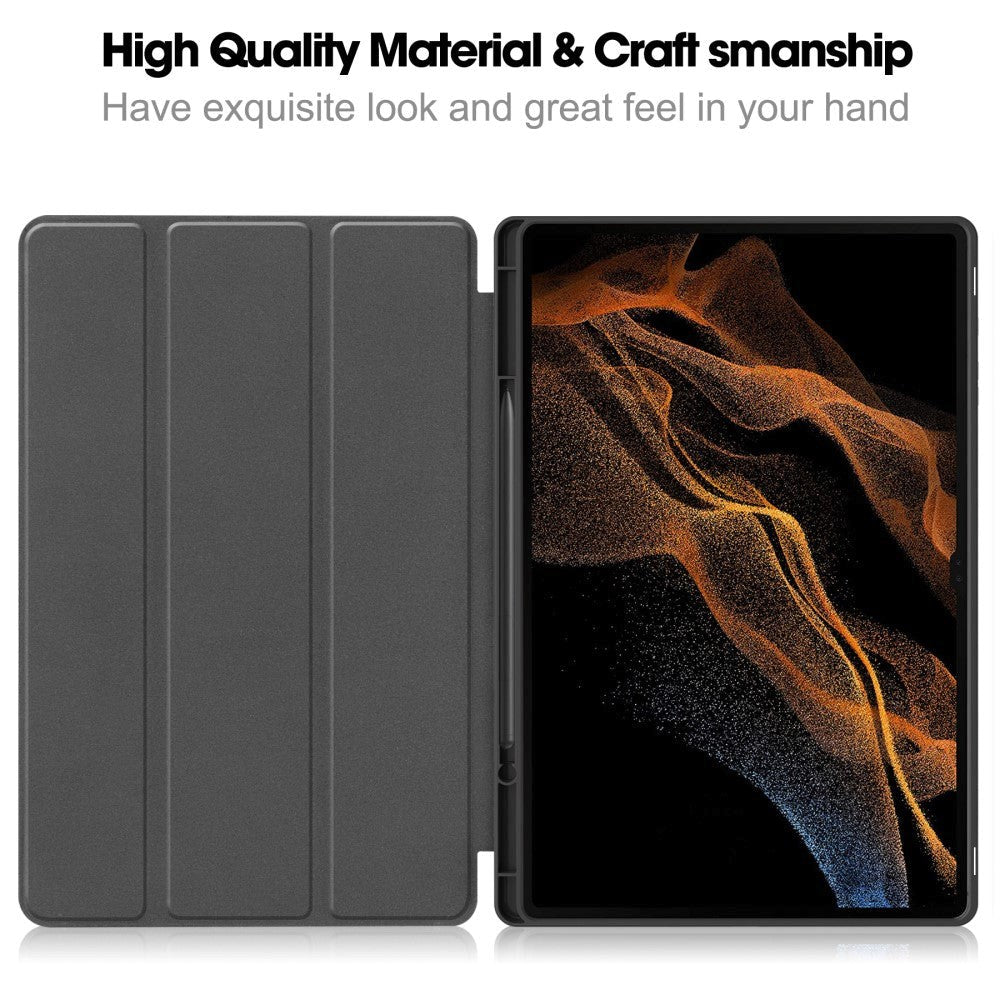 Samsung Galaxy Tab S9 Ultra Tri-Fold Läder Flip Cover med Ställfunktion & Pencil Holder - Blå