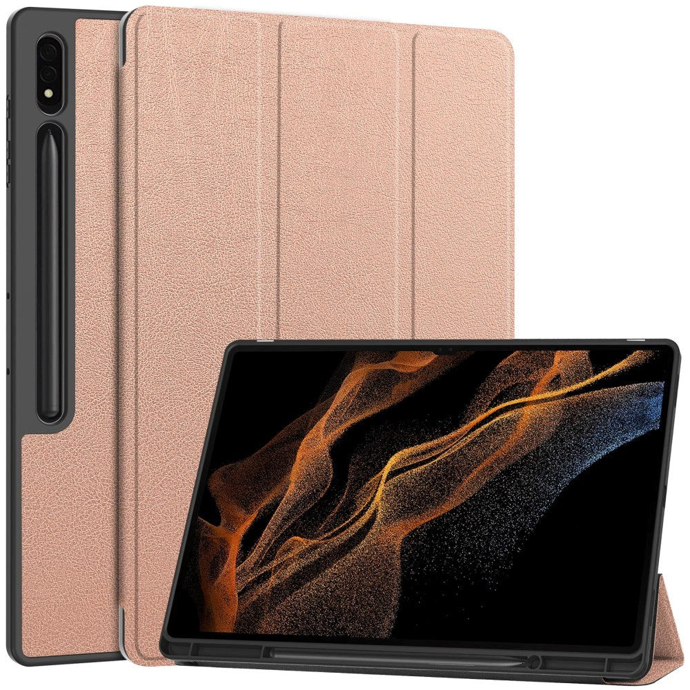 Samsung Galaxy Tab S9 Ultra Tri-Fold Läder Flip Cover med Ställfunktion & Pencil Holder - Rose Gold