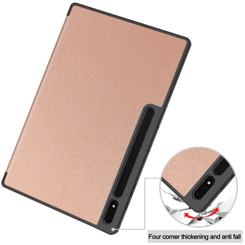 Samsung Galaxy Tab S9 Ultra Tri-Fold Läder Flip Cover med Ställfunktion & Pencil Holder - Rose Gold