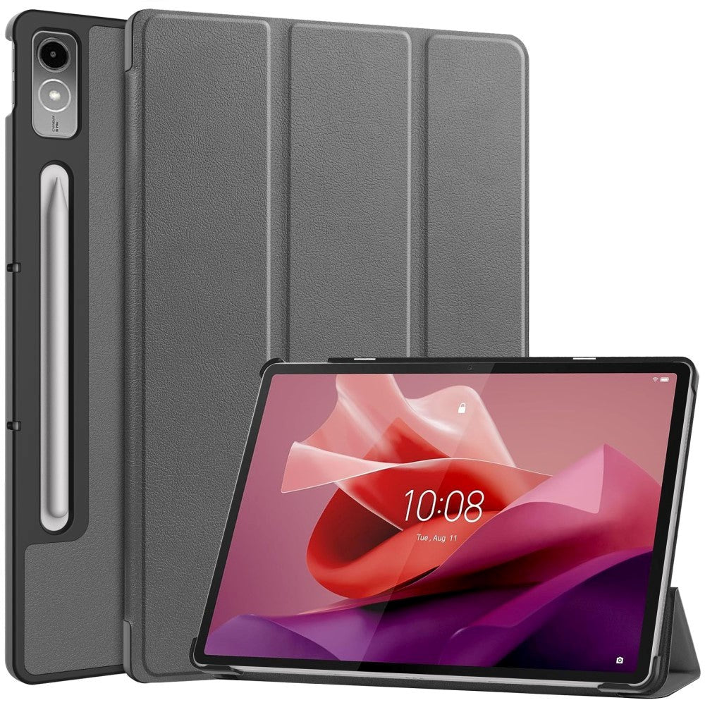 Lenovo Tab P12 Magnetisk Tri-Fold Konstläder Fodral med Stativfunktion - Grå