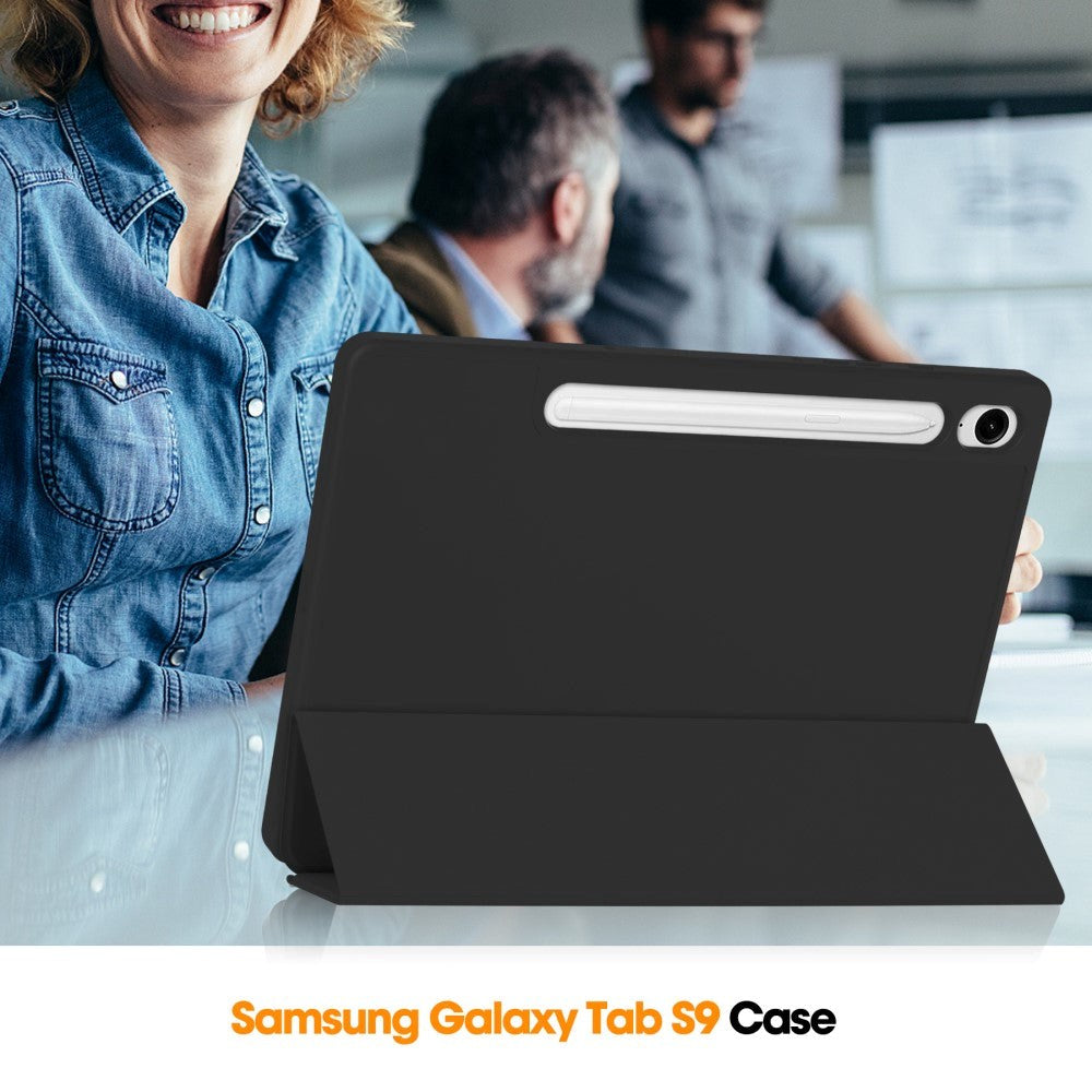 Samsung Galaxy Tab S9 FE Magnetisk Tri-Fold Konstläder Fodral med Stativfunktion - Svart