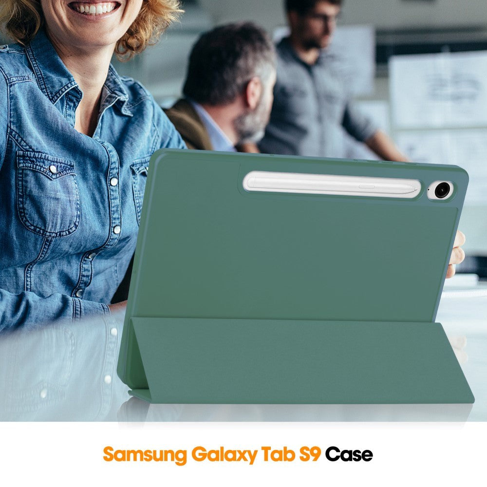 Samsung Galaxy Tab S9 FE Magnetisk Tri-Fold Konstläder Fodral med Stativfunktion - Grön