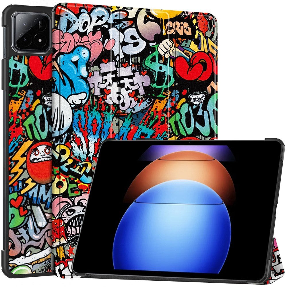 EIDERWOOD Xiaomi Pad 6S Pro Tri-Fold Tri-Fold Konstläder Fodral med Sleep-Wake Funktion - Graffiti