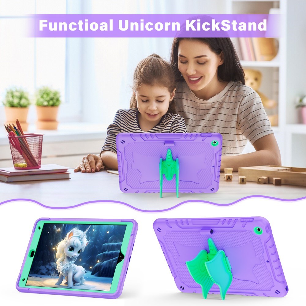 EIDERWOOD iPad 10,2" (2021 / 2020 / 2019) Unicorn Kickstand Barnskal - Lila / Grön