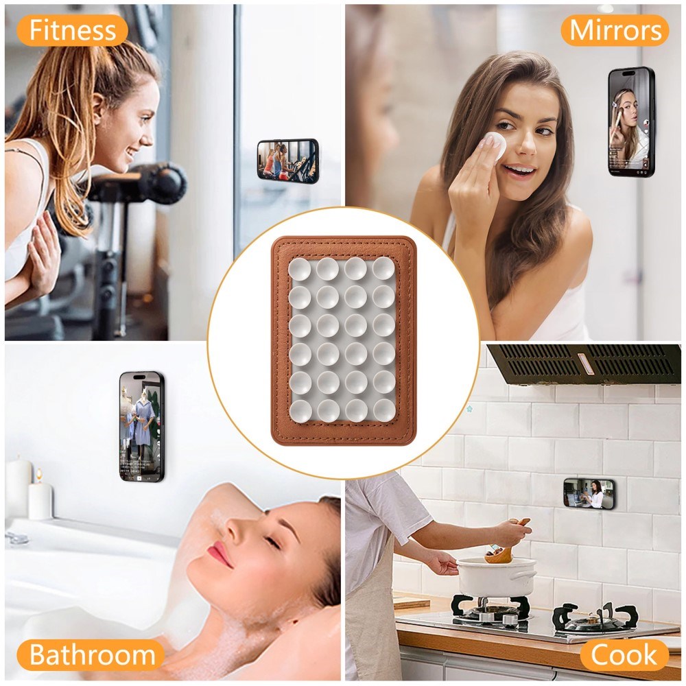 Silikon Sugkopp Mobilhållare med Konstläder – MagSafe Kompatibel – Brun / Vit