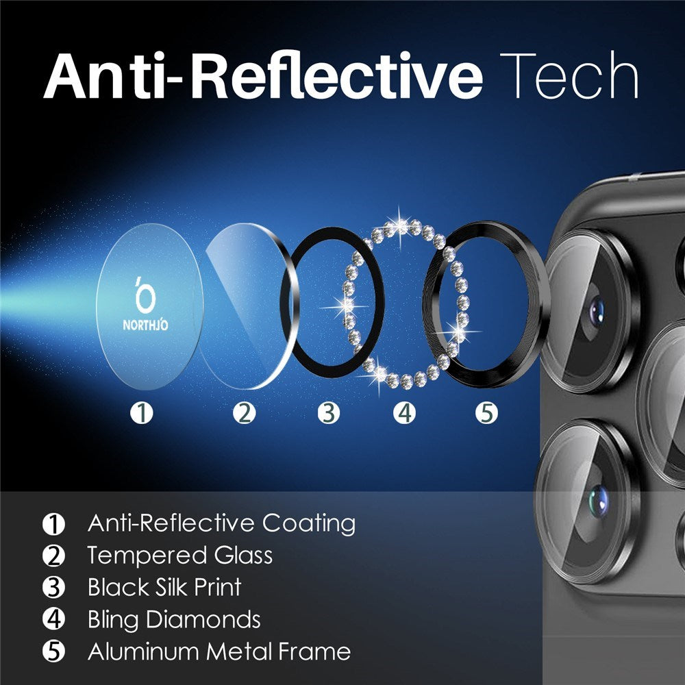 NORTHJO iPhone 16 Pro / 16 Pro Max Kameralinsskydd - Strassstenar - Svart