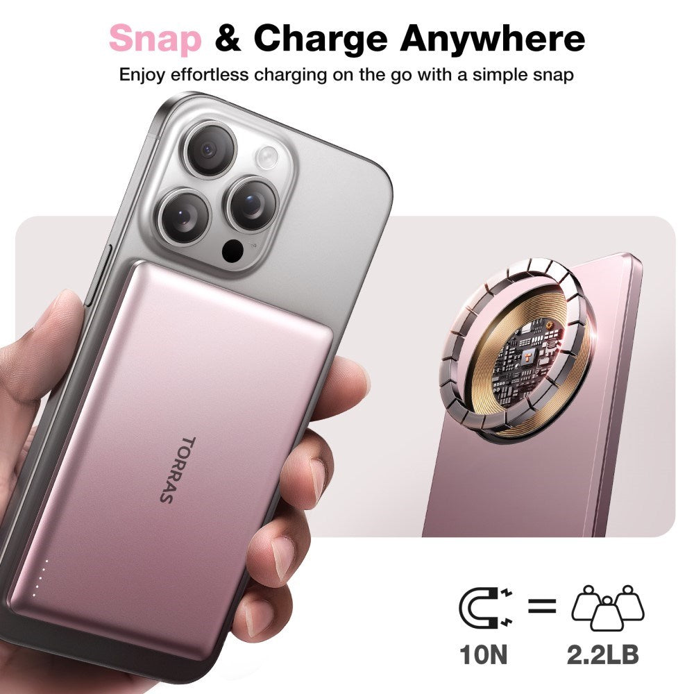 TORRAS MiniMag Powerbank 5 000 mAh - Magnetisk - Rosa