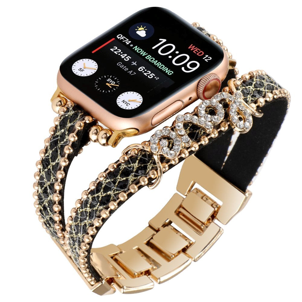 Apple Watch (38/40/SE/41/42mm) Metall- och Läder Rem med Strass - Guld / Svart