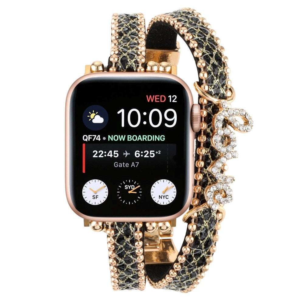 Apple Watch (38/40/SE/41/42mm) Metall- och Läder Rem med Strass - Guld / Svart