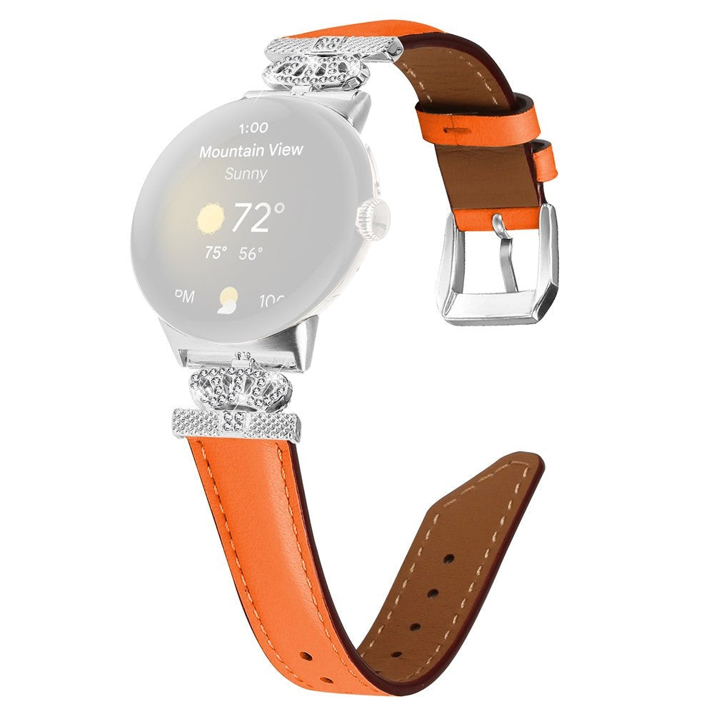 Google Pixel Watch 1 / 2 / 3 Läderrem med Silver Strass Spänne - Orange