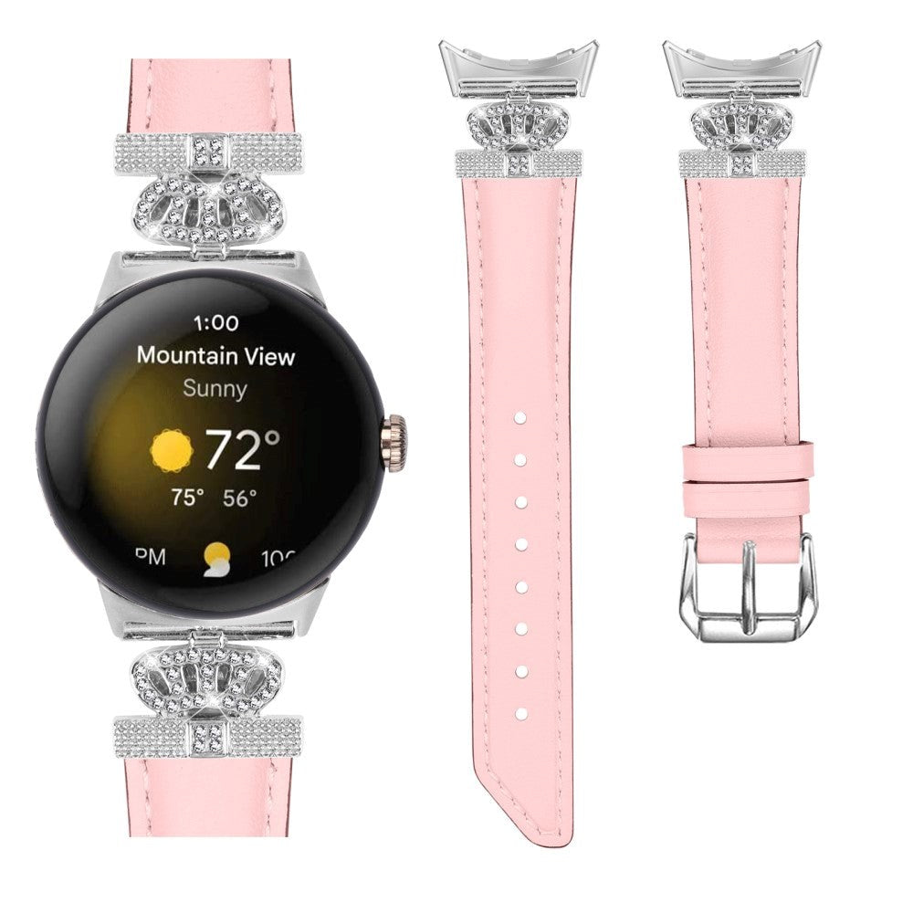 Google Pixel Watch 1 / 2 / 3 Läderrem med Silver Strass Spänne - Rosa