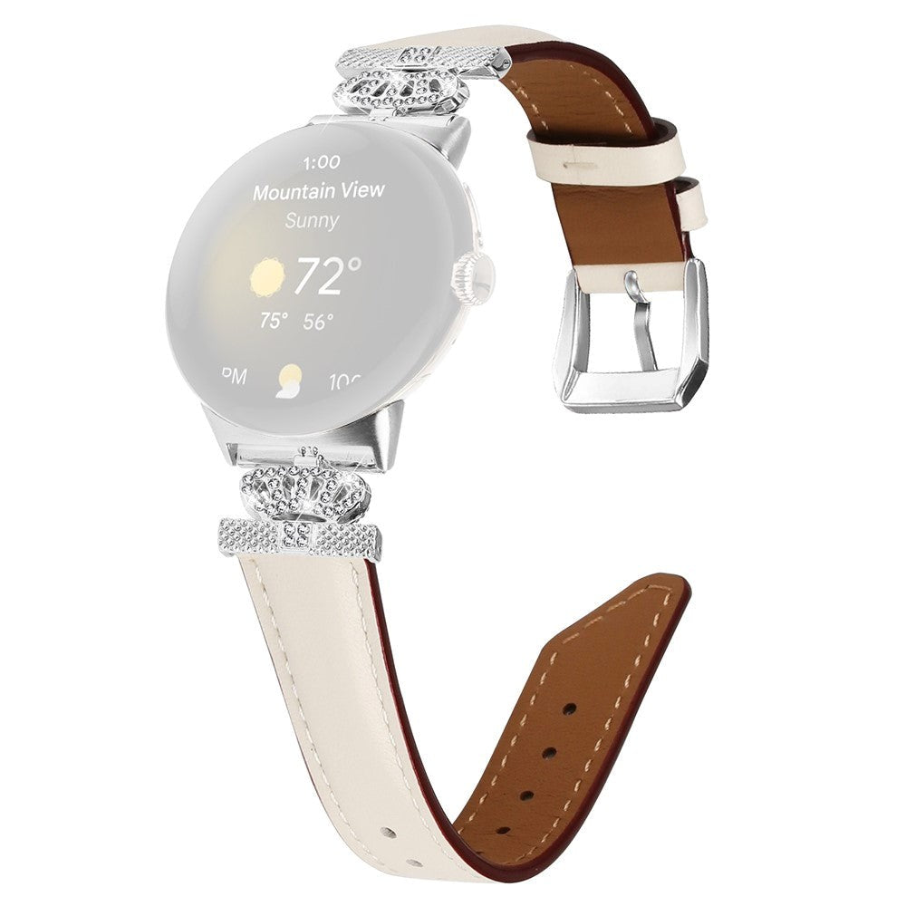 Google Pixel Watch 1 / 2 / 3 Läderrem med Silver Strass Spänne - Beige