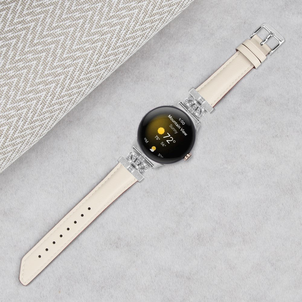 Google Pixel Watch 1 / 2 / 3 Läderrem med Silver Strass Spänne - Beige